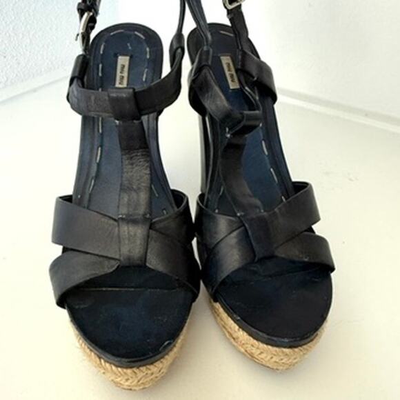 Miu Miu Platform Espadrille Sandals Navy Leather Strappy Heels Size 38 Italy - Picture 11 of 13